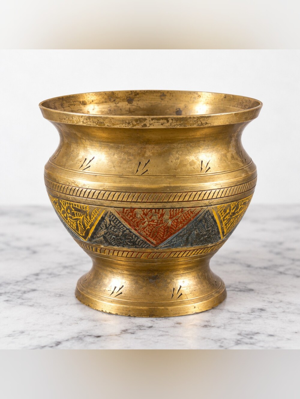 Vintage Indian Moradabad Brass Bowl Etched Enamel Inlay Footed Cachepot